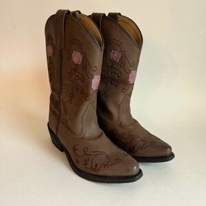 Kids Shyanne Brown and Pink Rose Cowboy Boots Size 13